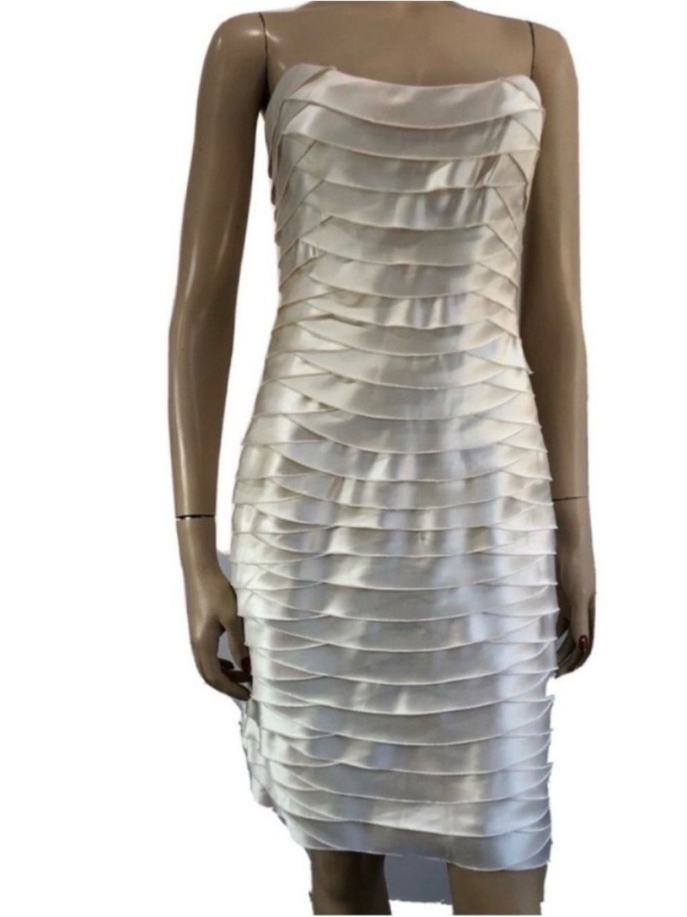 Bcbgmaxazria Strapless White Layered Satin Cocktail Dress